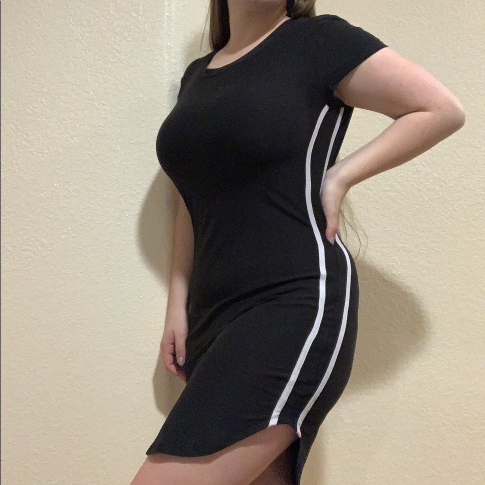Black dress w/ white stripes and leg cut out 11-13